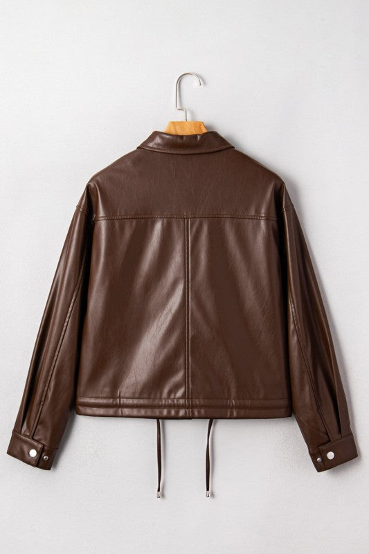 Leather Drawstring Hem Pocketed Jacket JUNIPER BLVD