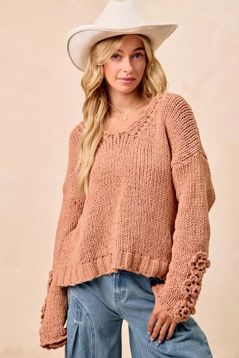 BiBi Chunky Knit Sweater with Flower Detail Sleeves Trendsi