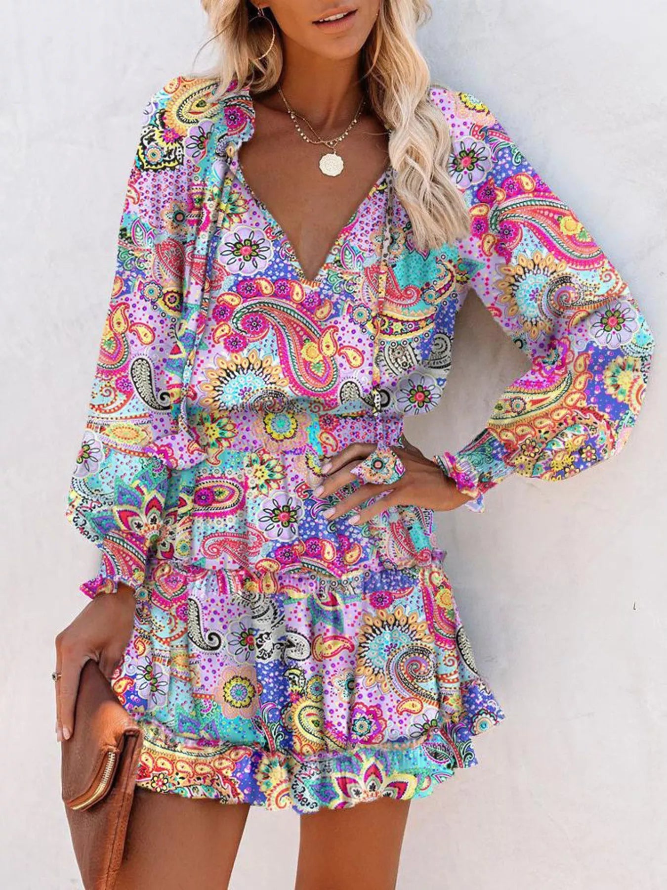 Tie Neck Lantern Sleeve Dress Trendsi