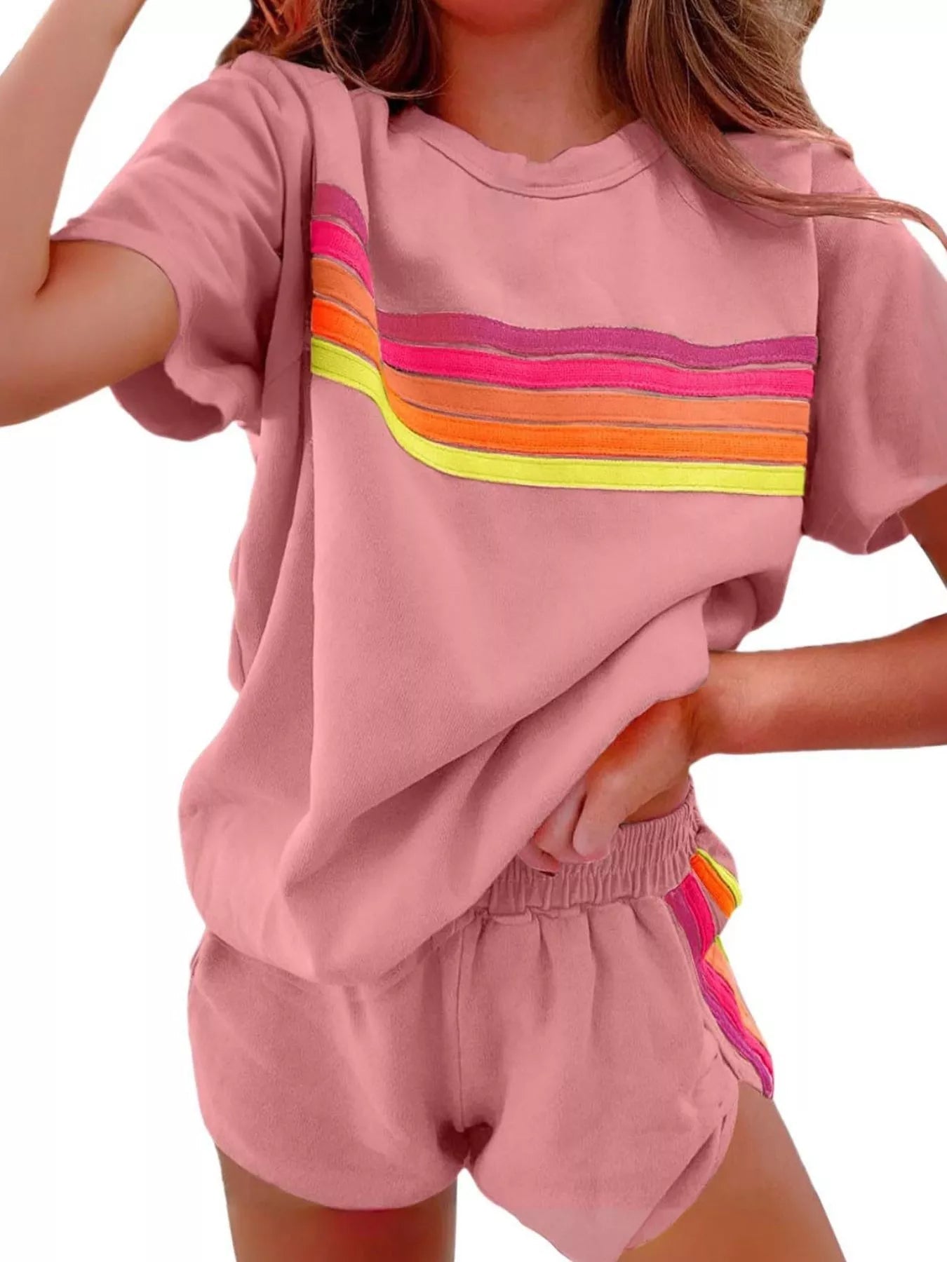 Rainbow Striped Round Neck Top and Shorts Set Trendsi