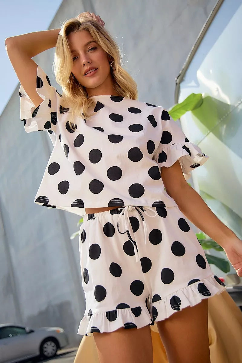 BiBi Polka Dots Printed Ruffled Detail Top And Shorts Set Trendsi