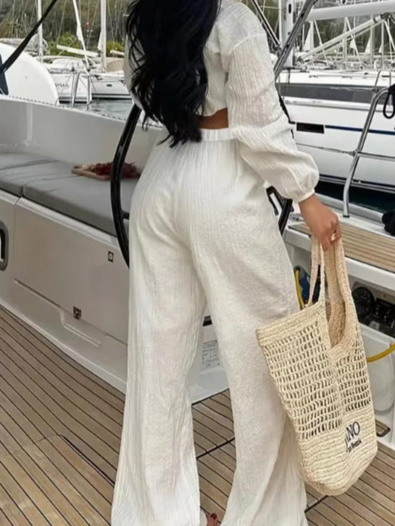 Textured Tie-Front Crop Top and Wide Leg Pants Set Trendsi