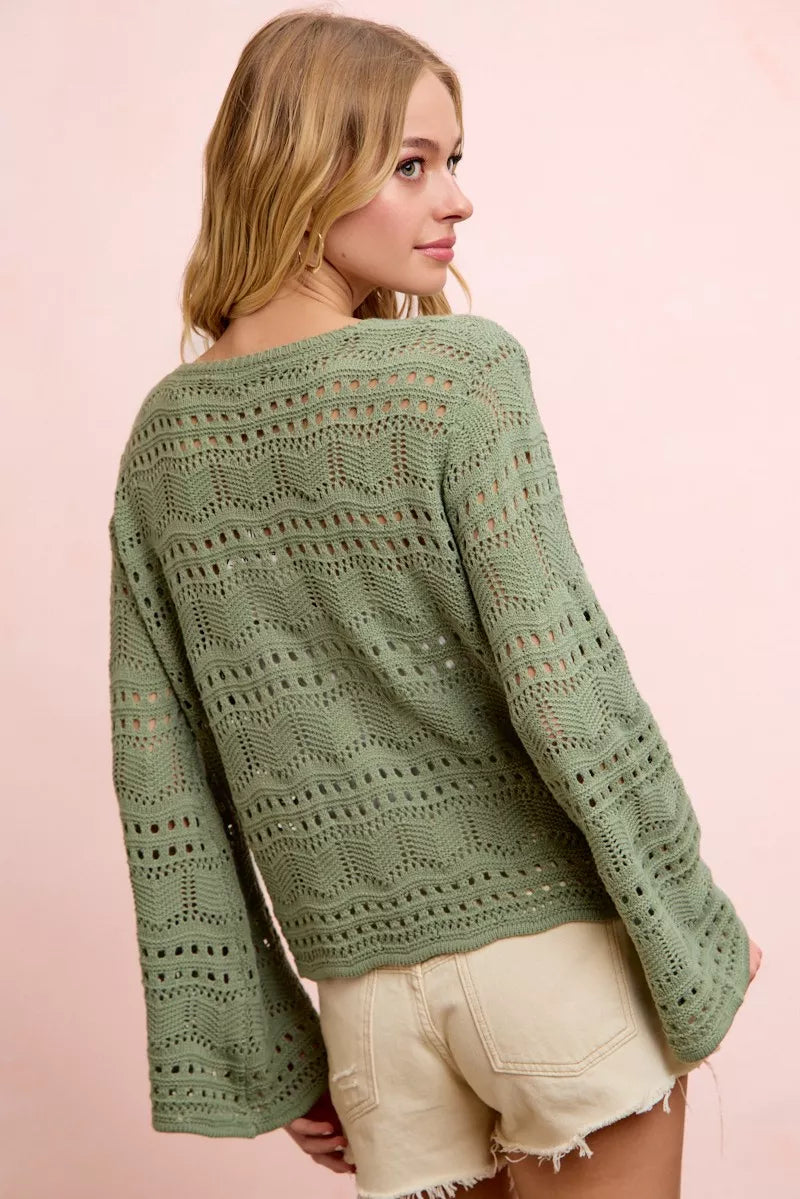 BiBi Pointelle Knit V Neck Ruched Front Lightweight Top Trendsi