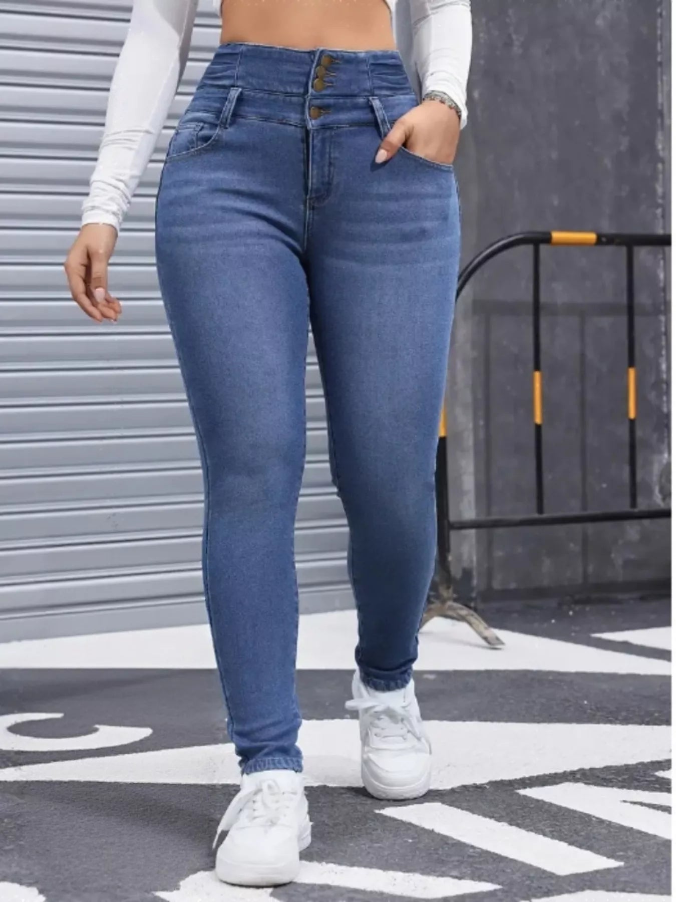 High Waist Button Fly Skinny Jeans Trendsi