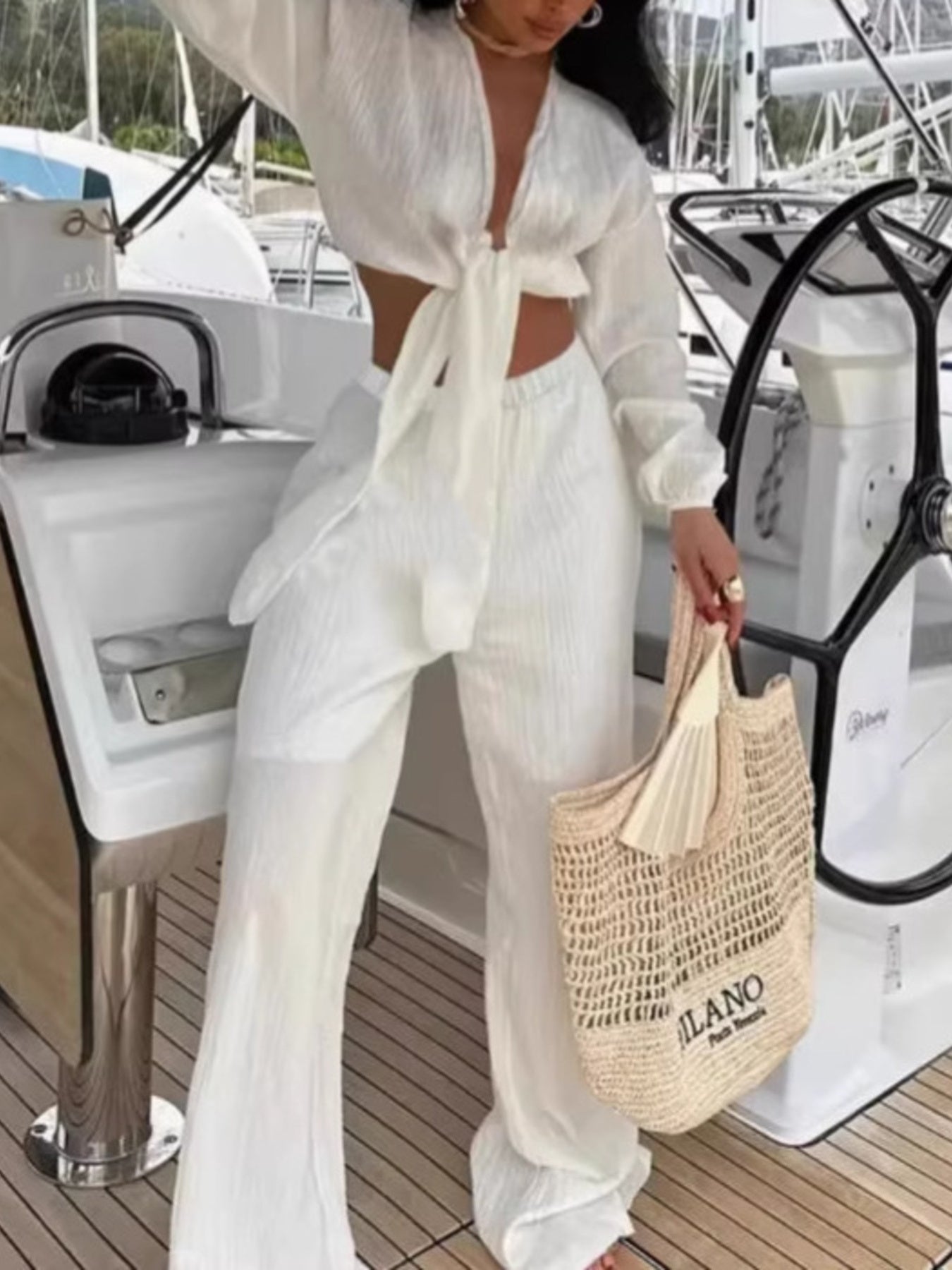 Textured Tie-Front Crop Top and Wide Leg Pants Set Trendsi