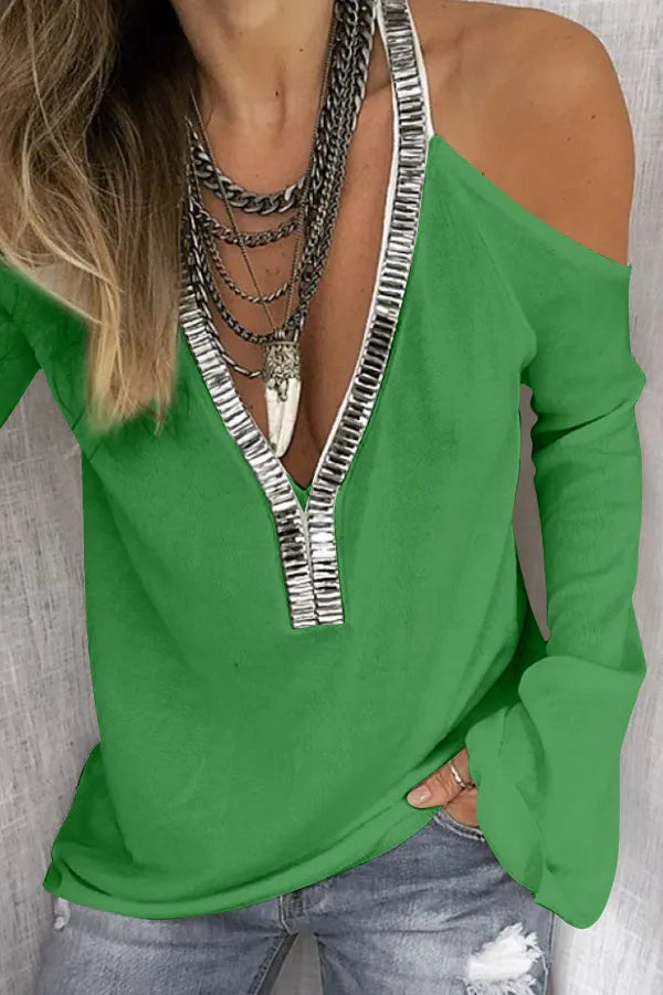 Sequin V-Neck Cold Shoulder Top Luckygirlsclothingcompany.com