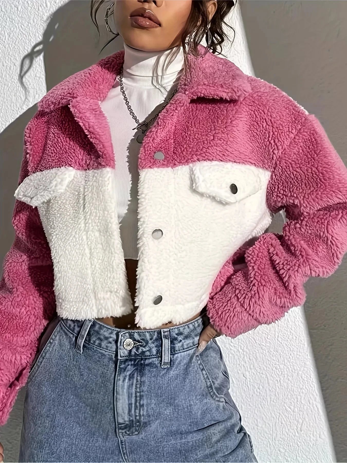 Two-Tone Plush Cropped Jacket