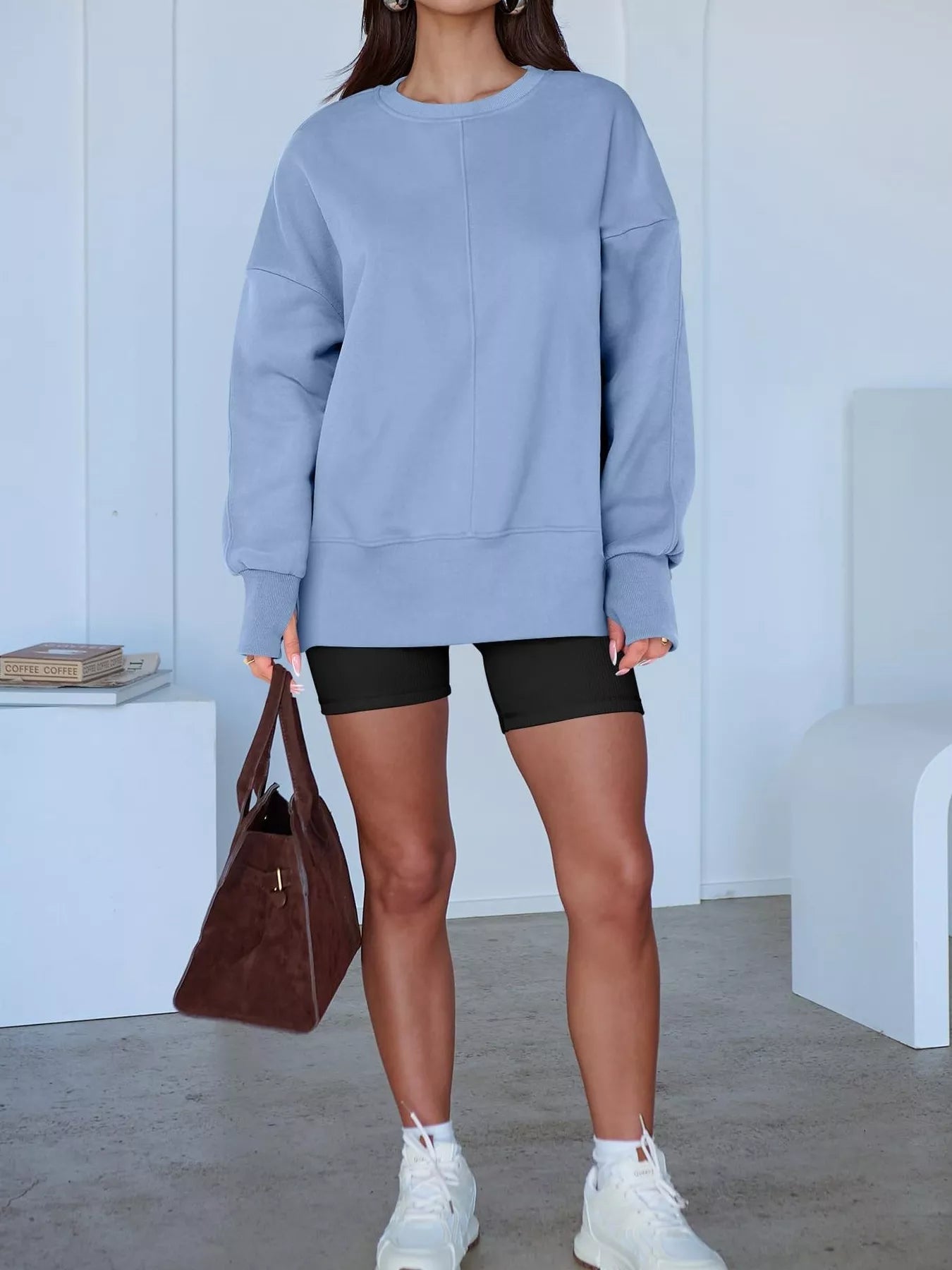 Side Slit Round Neck Long Sleeve Sweatshirt