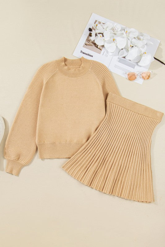 Solid High Neck Sweater and Pleated Mini Skirt Set JUNIPER BLVD