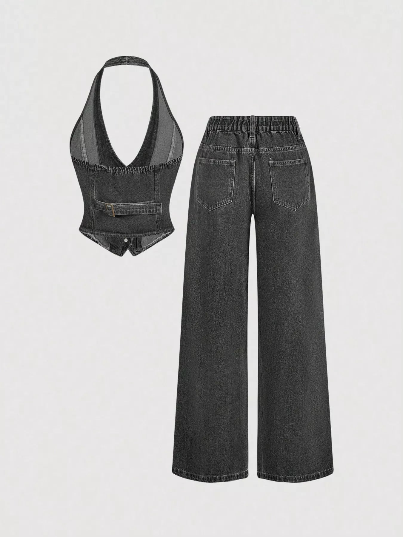 Halter Neck Denim Vest and Wide-Leg Jeans Set Trendsi
