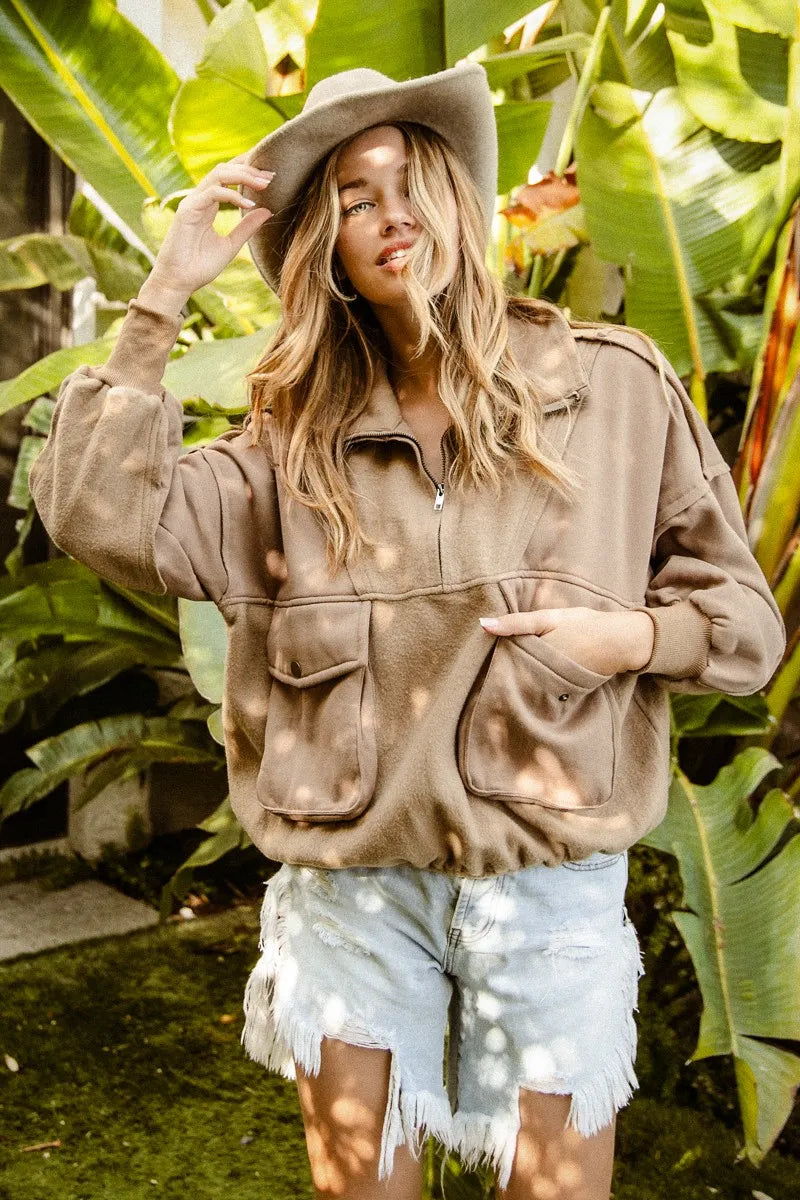 BiBi Half Zip Vintage Washed Fleece Pullover Trendsi
