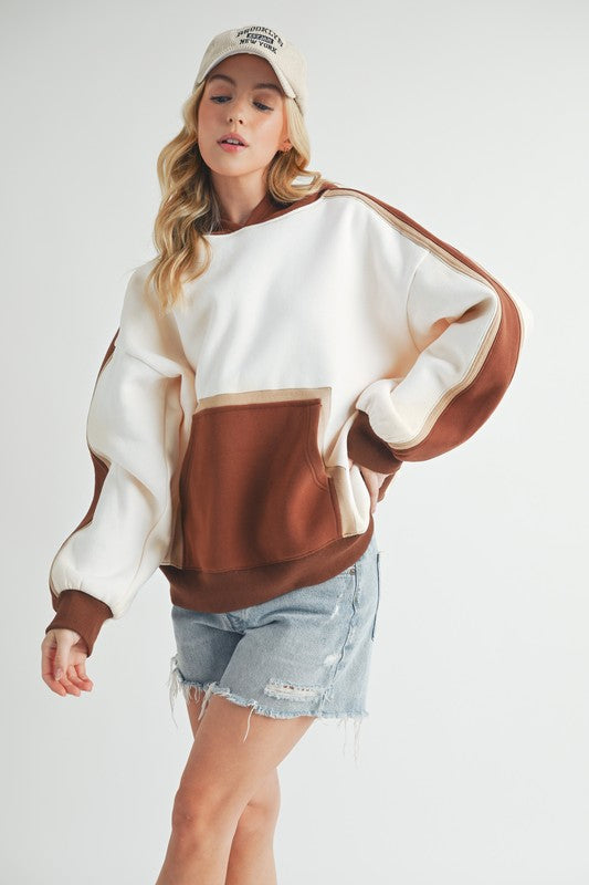 Aemi + Co Color Block Kangaroo Pocketed Hoodie Trendsi