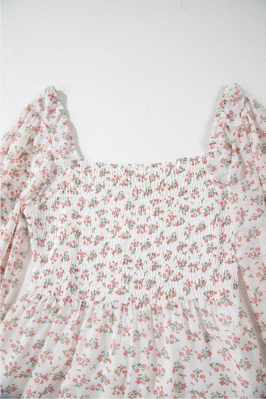 Floral Shirred Ruffled Hem Square Neck Midi Dress YNIQUE