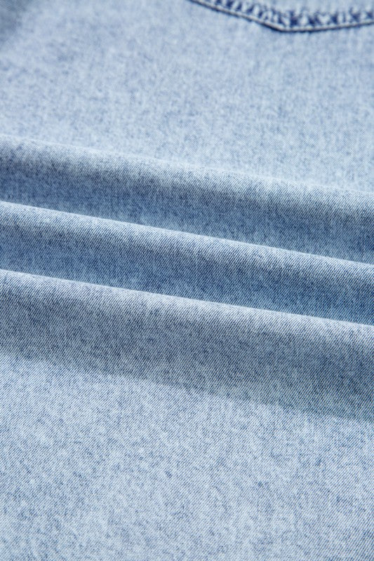 Solid Denim Chest Pocket Raw Hem Shirt Dress