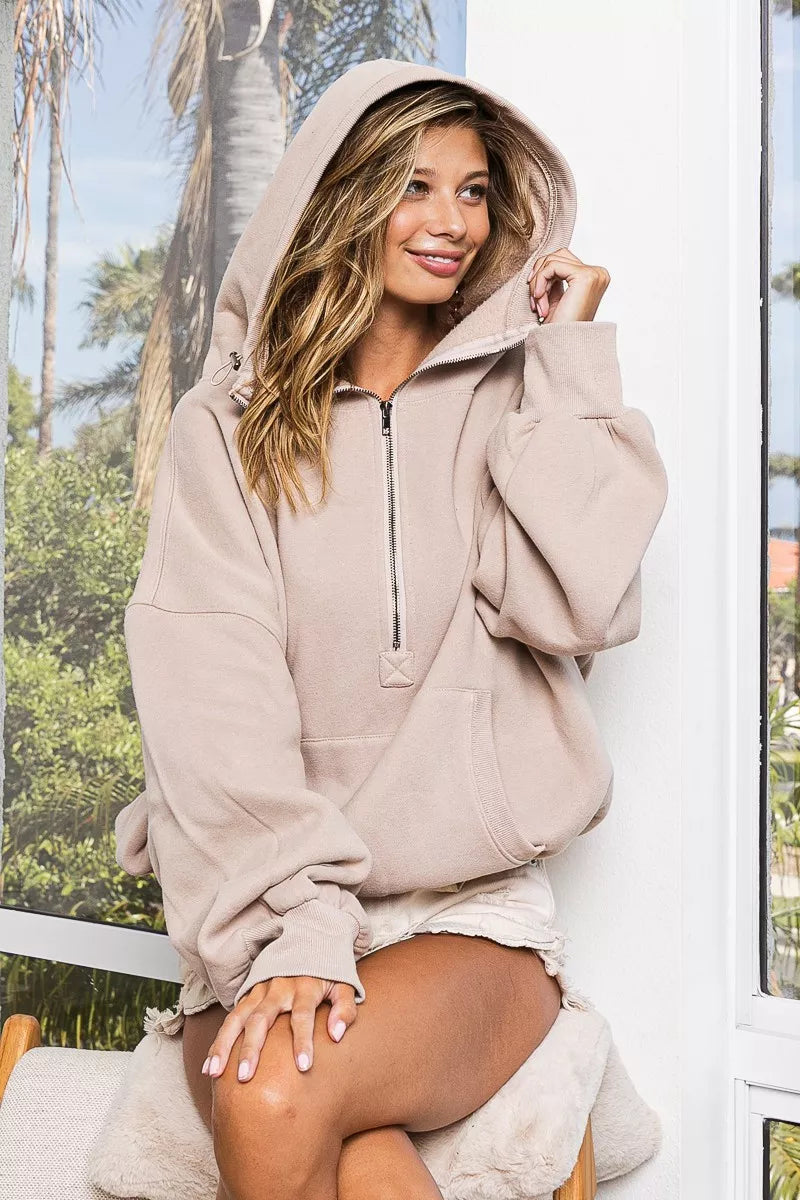BiBi Stitch Detailed Elastic Hem Half Zip Fleece Hoodie Trendsi