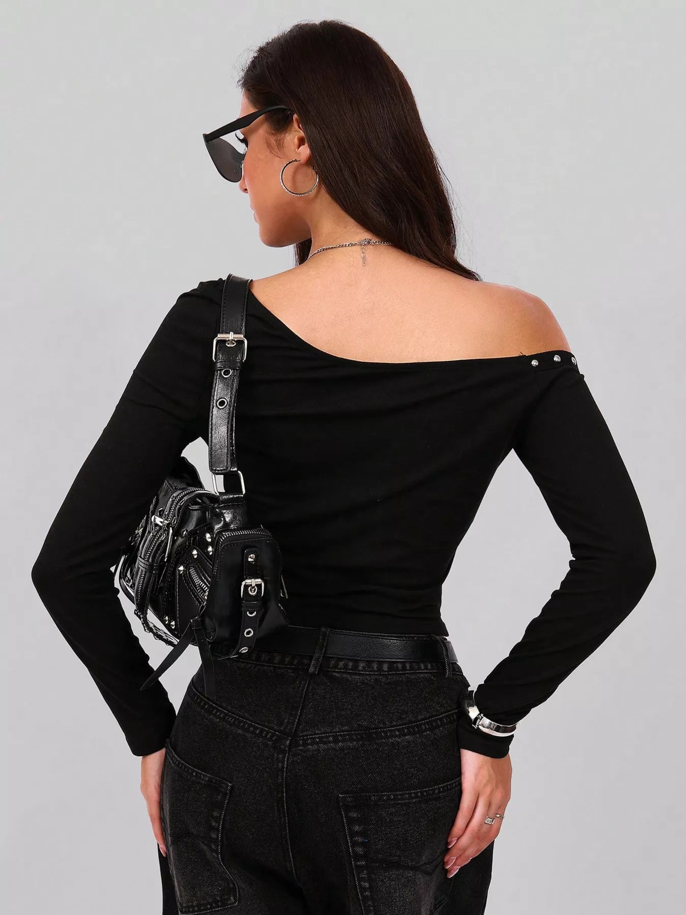 Studded One Shoulder Long Sleeve T-Shirt Trendsi