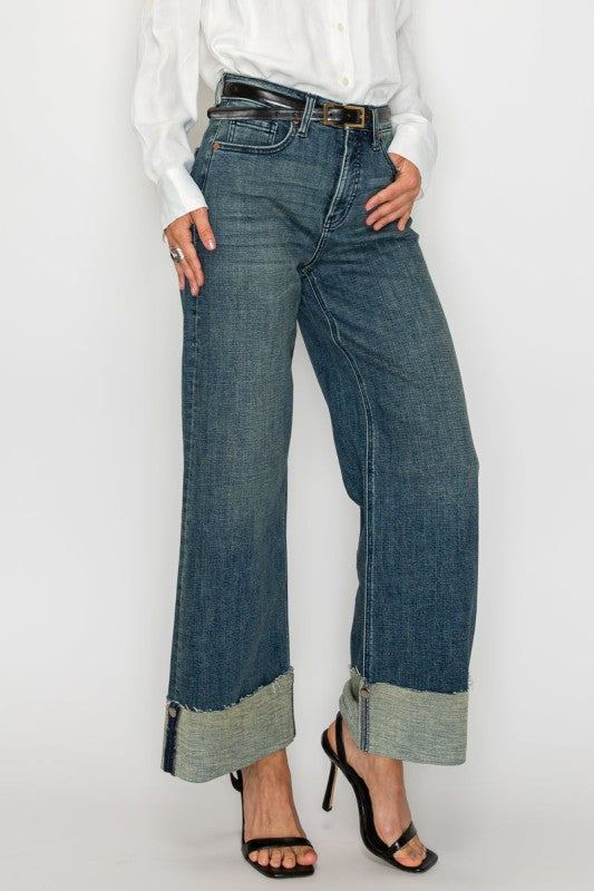 TUMMY CONTROL HIGH RISE CUFFED WIDE LEG JEANS Artemis Vintage