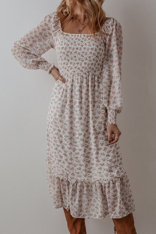 Floral Shirred Ruffled Hem Square Neck Midi Dress YNIQUE