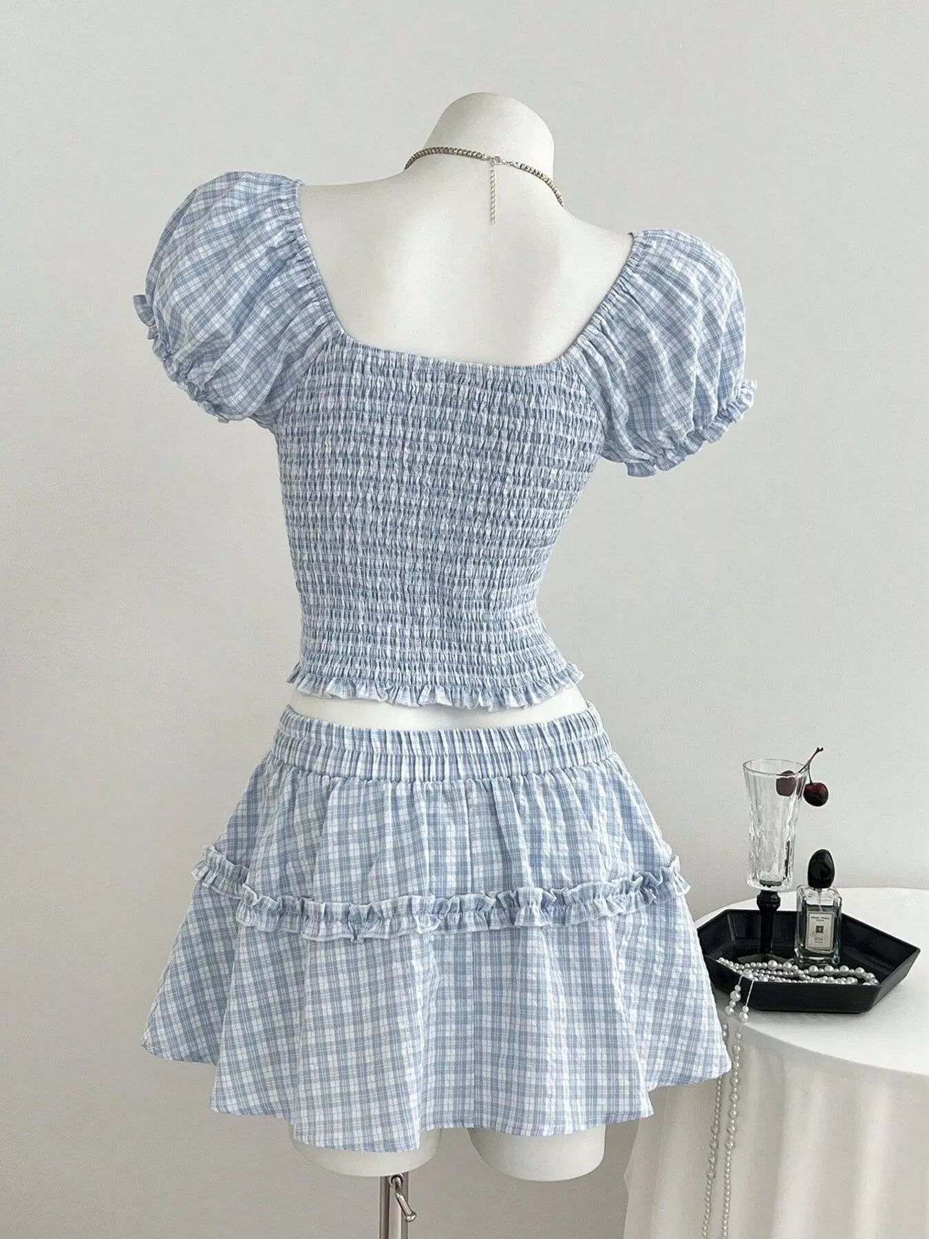 Plaid Puff Sleeve Blouse and Skirt Set Trendsi