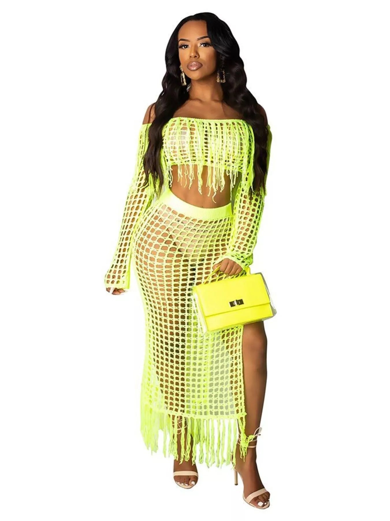 Full Size Crochet Off-Shoulder Fringe Top and Skirt Set Plus Size Trendsi