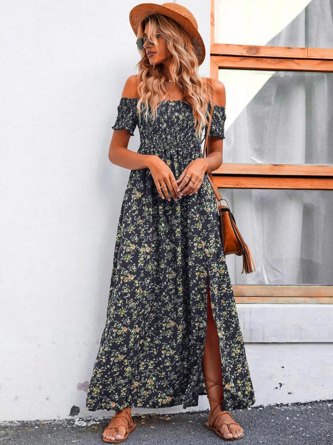 Full Size Slit Off-Shoulder Floral Midi Dress Plus Size Trendsi