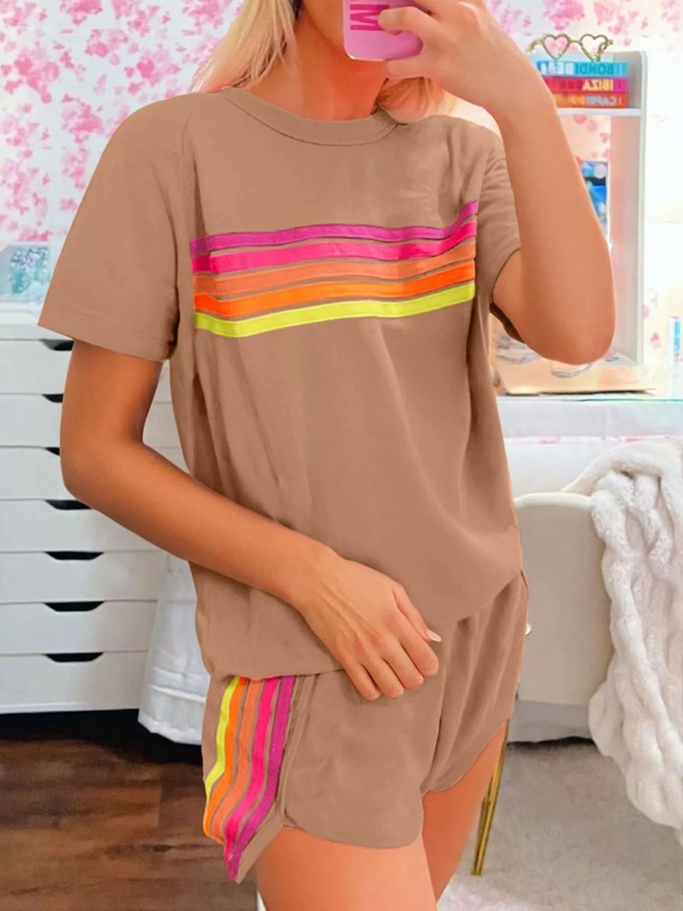 Rainbow Striped Round Neck Top and Shorts Set Trendsi