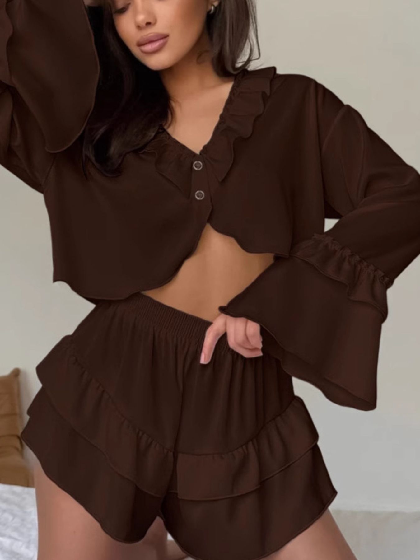 Ruffled V-Neck Top and Shorts Set Trendsi