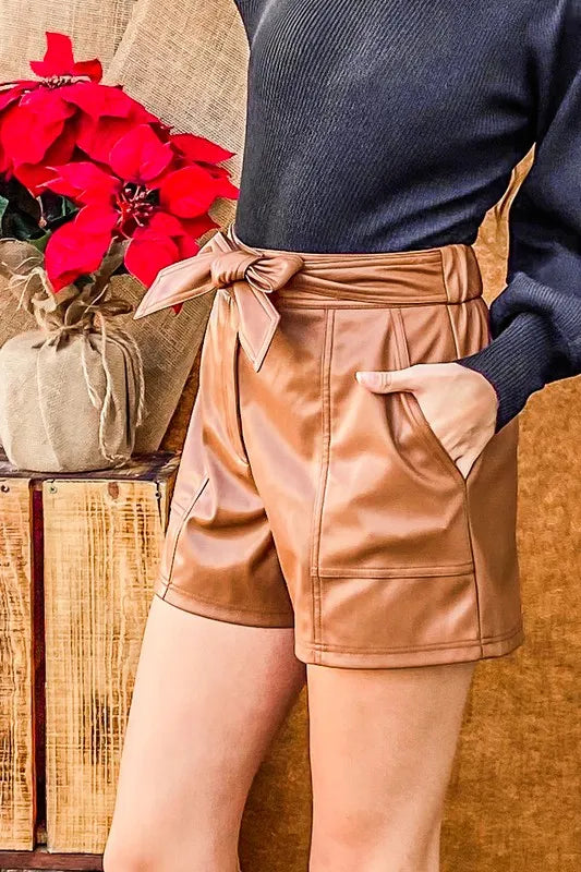 And The Why Faux Leather Shorts with Waist Ribbon
