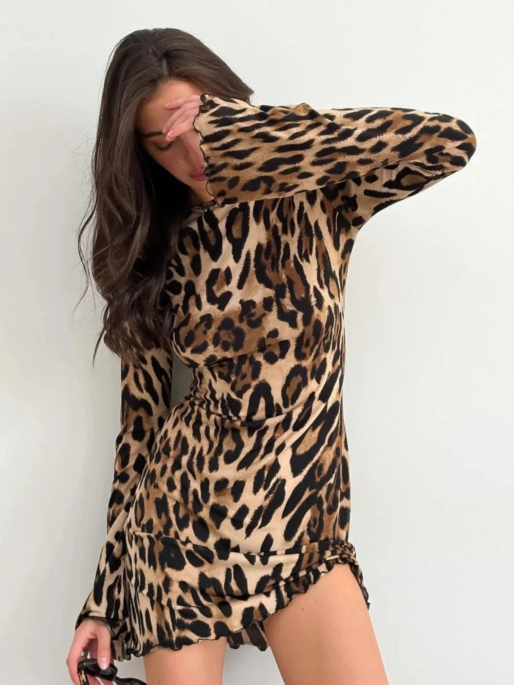 Leopard Backless Long Sleeve Mini Dress