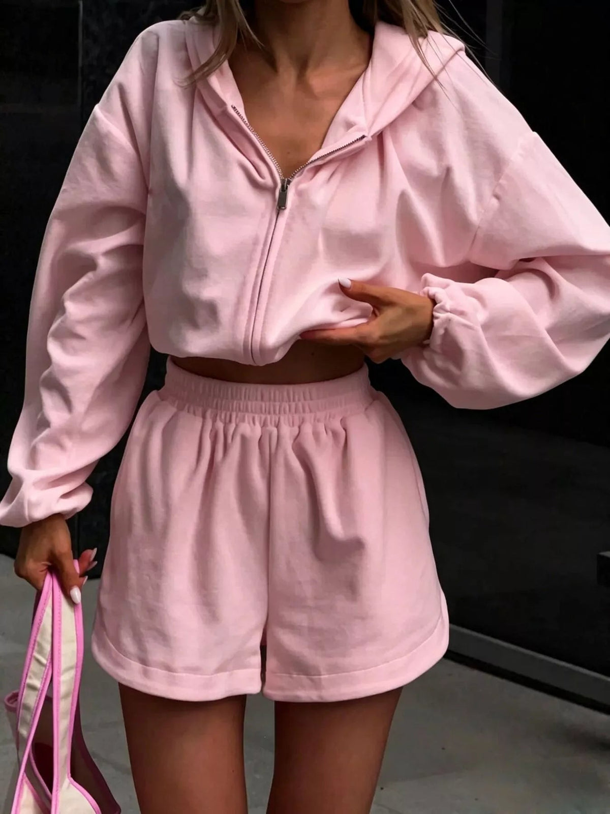 Zip Up Crop Hoodie and Shorts Set Trendsi