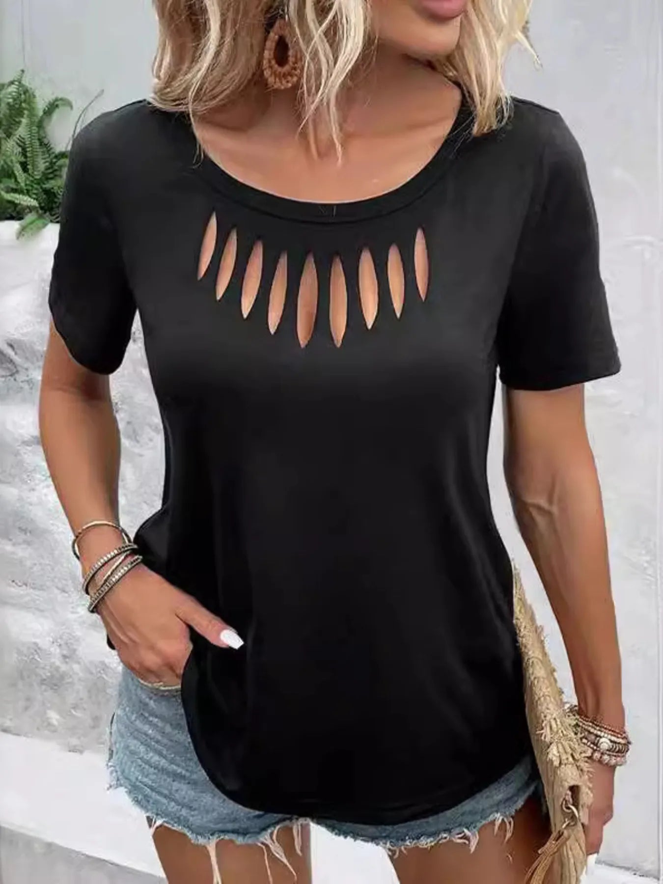 Hollow Out Neckline Short Sleeve T-Shirt Trendsi