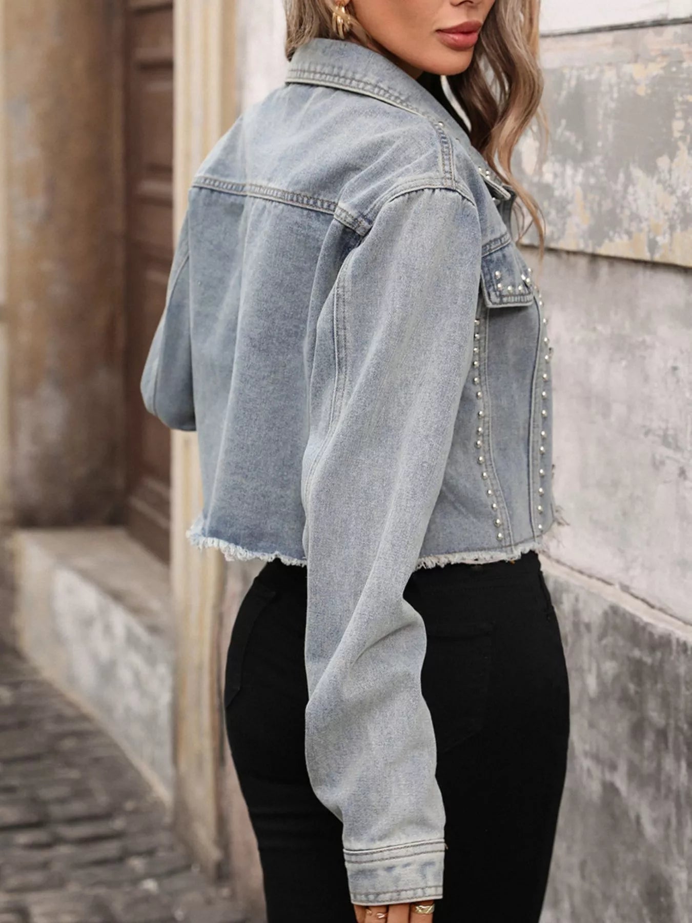 Studded Raw Hem Denim Jacket Trendsi