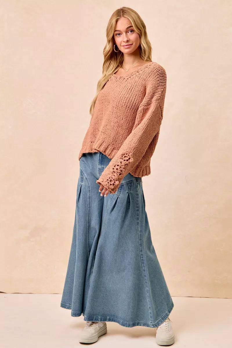 BiBi Chunky Knit Sweater with Flower Detail Sleeves Trendsi