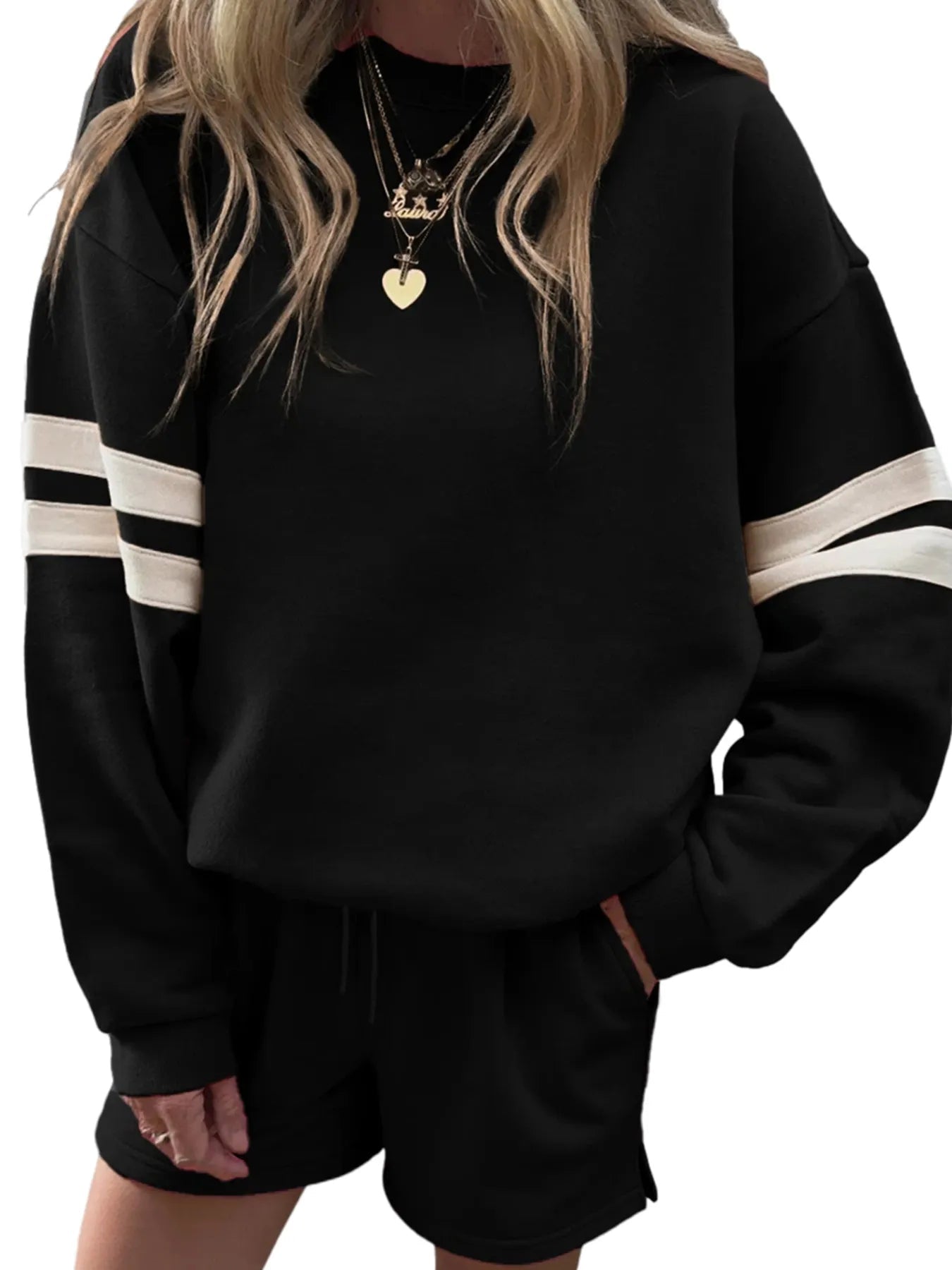 Stripe Round Neck Sweatshirt and Shorts Set Trendsi