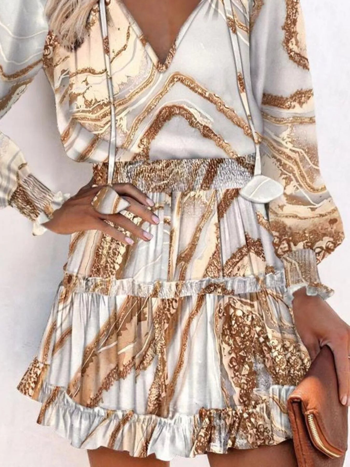 Tie Neck Lantern Sleeve Dress Trendsi