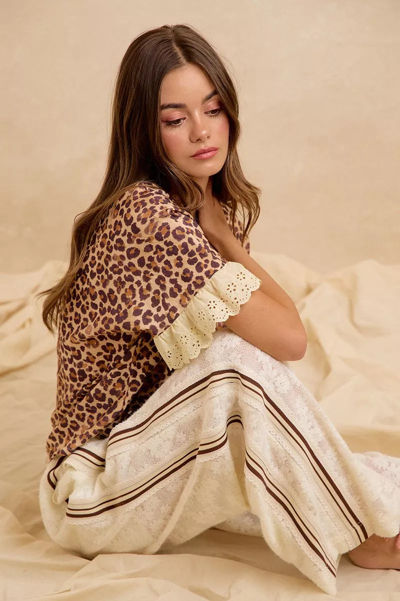 BiBi Leopard and Eyelet Lace Ruffled Top and Shorts Set Trendsi