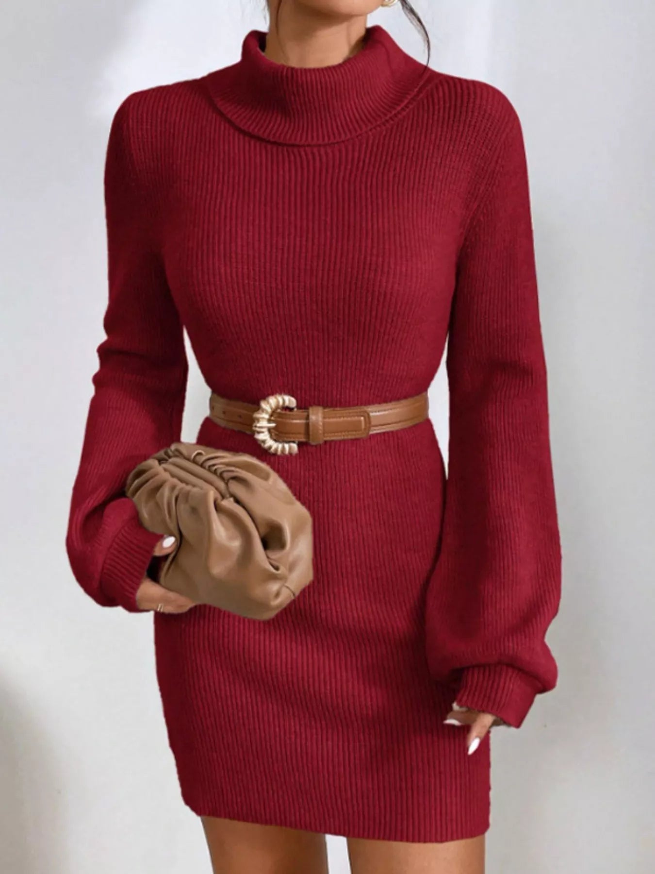 Turtleneck Ribbed Knit Sweater Dress Trendsi