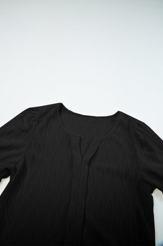 Solid Textured Notch Neck Puff Sleeve Blouse JUNIPER BLVD
