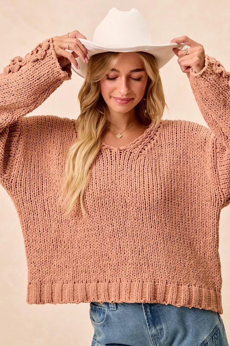 BiBi Chunky Knit Sweater with Flower Detail Sleeves Trendsi