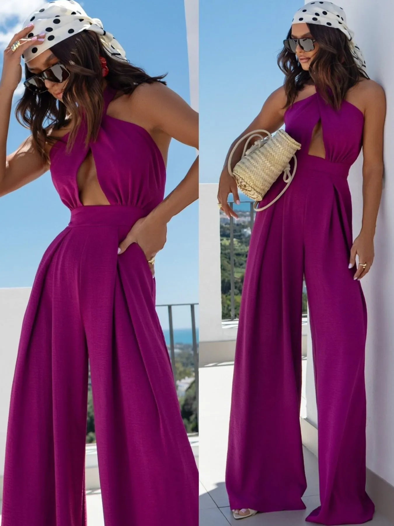 Wide Leg Cutout Halter Neck Jumpsuit Trendsi