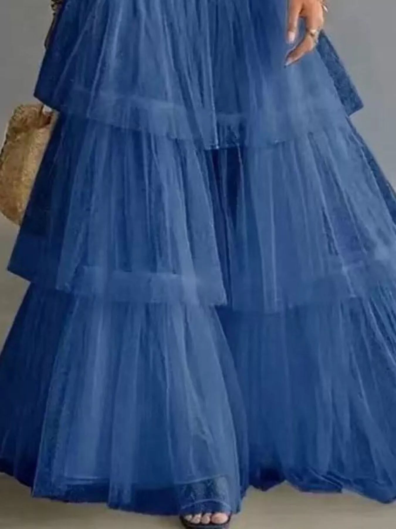 High-Waisted Button-Front Denim and Tulle Maxi Skirt Trendsi