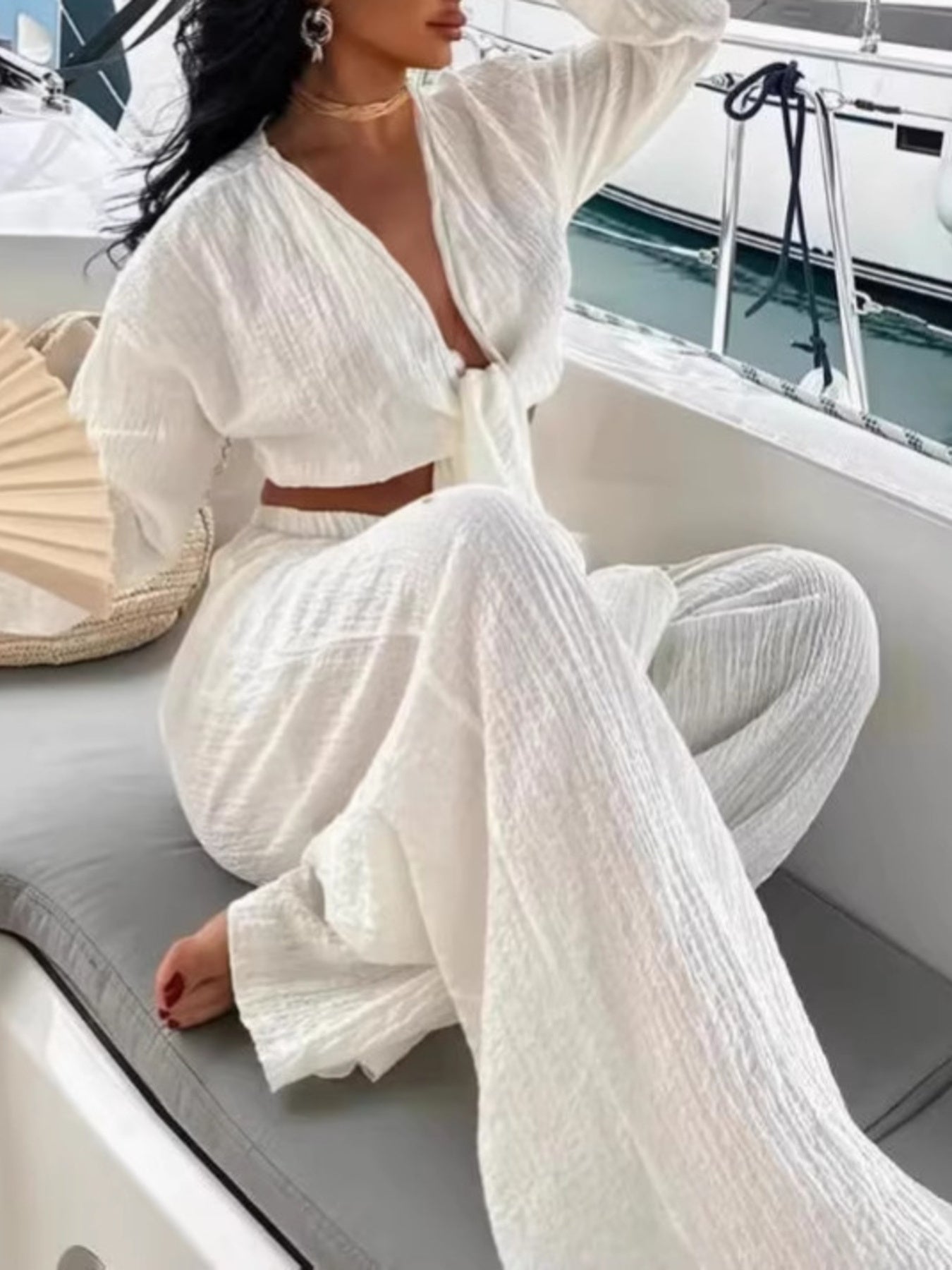 Textured Tie-Front Crop Top and Wide Leg Pants Set Trendsi