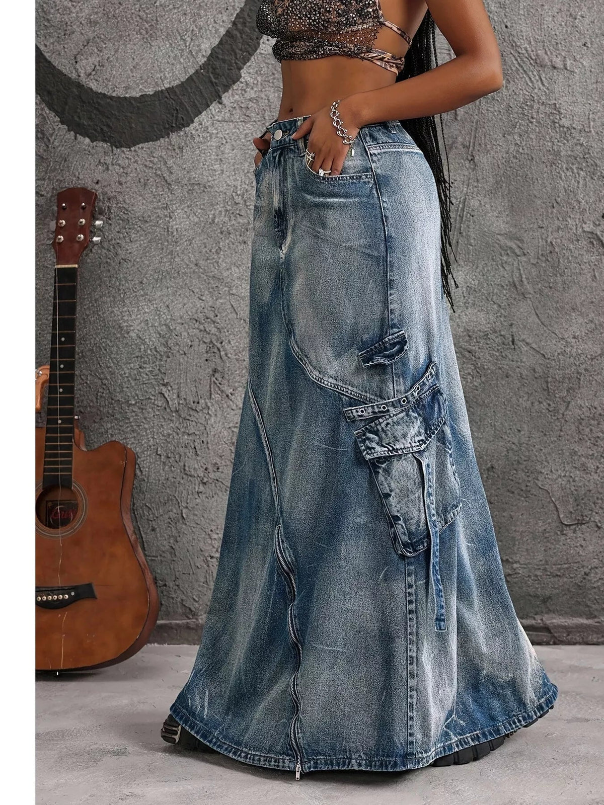 High-Waisted Denim Maxi Skirt with Zipper Slit Trendsi
