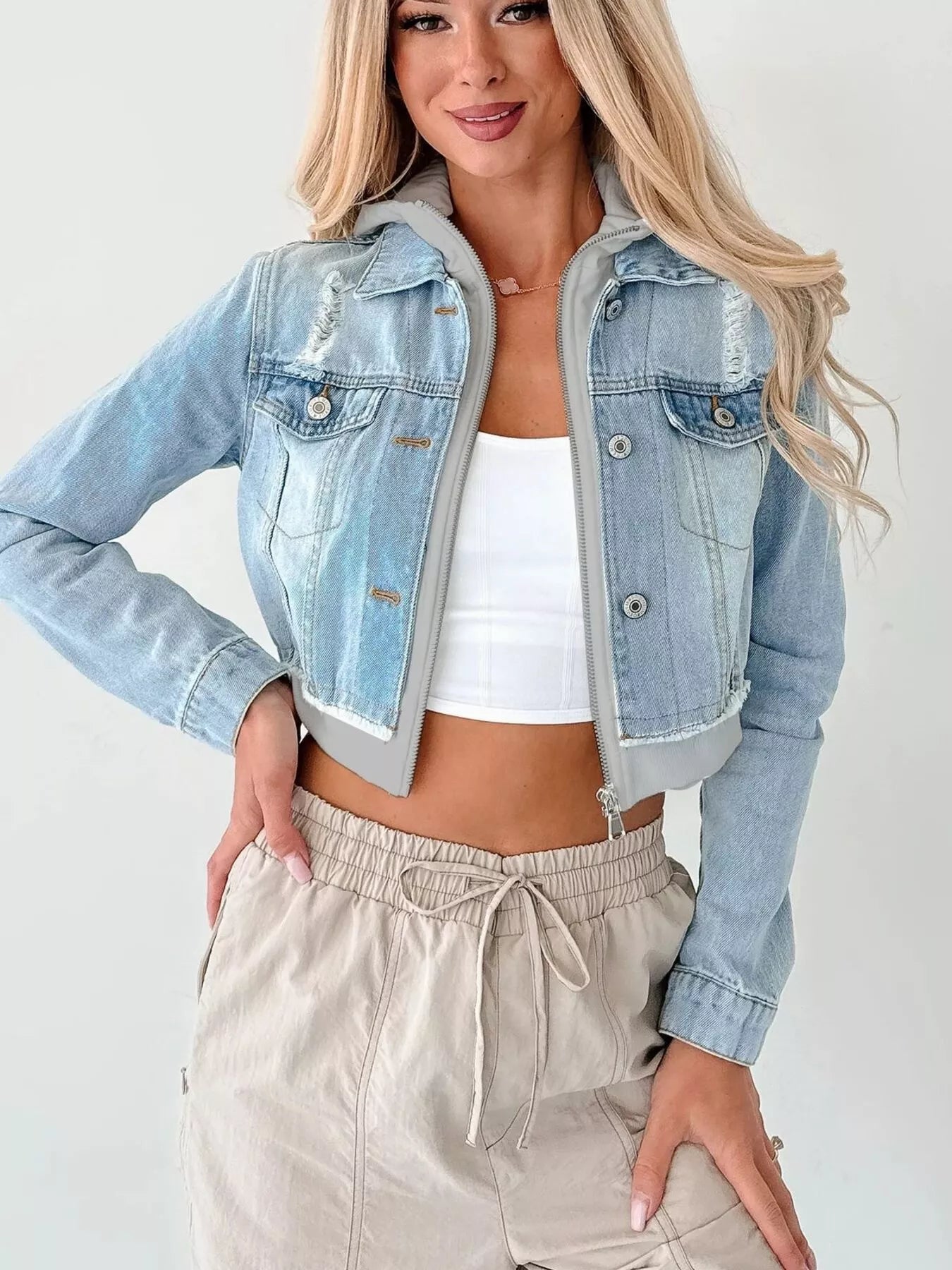 Distressed Zip Up Cropped Hooded Denim Jacket Trendsi