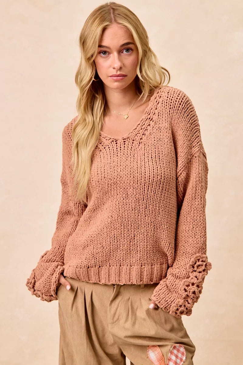 BiBi Chunky Knit Sweater with Flower Detail Sleeves Trendsi