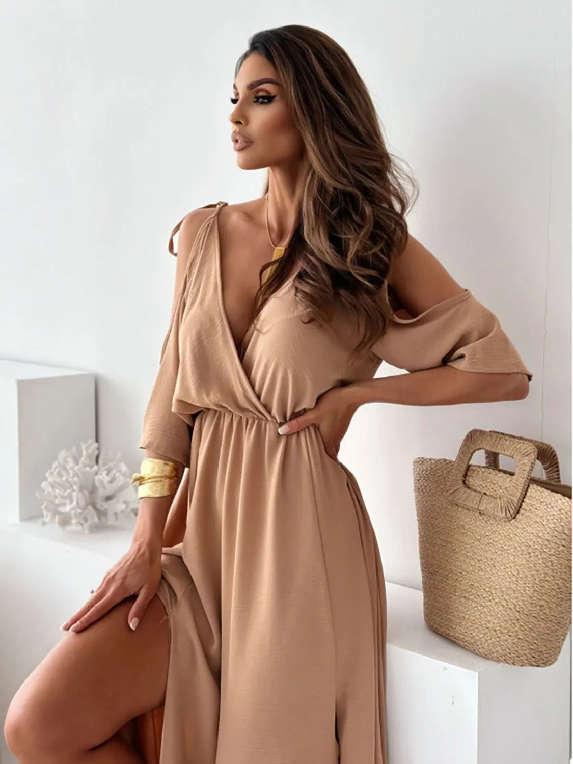 Tied Shoulder Slit Maxi Dress Trendsi