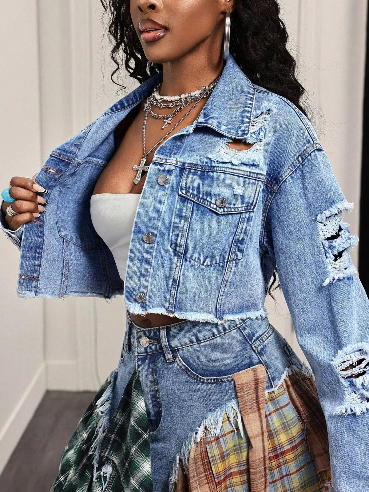 Distressed Cropped Denim Jacket Trendsi