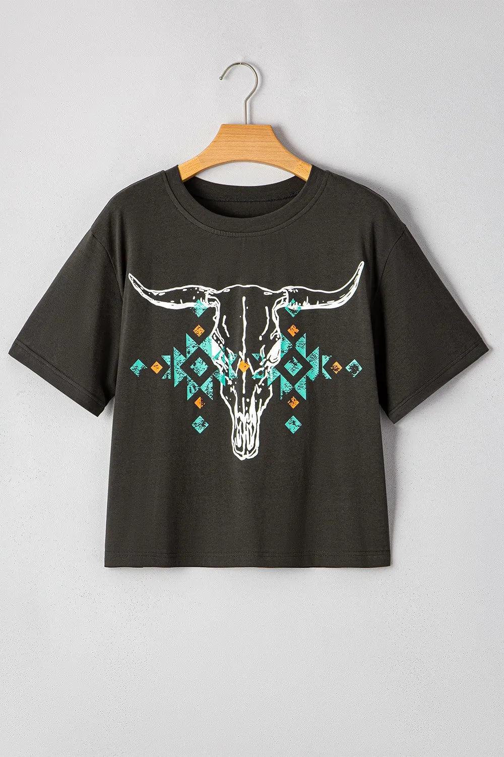 Bull Head Skull Round Neck Short Sleeve T Shirt Trendsi