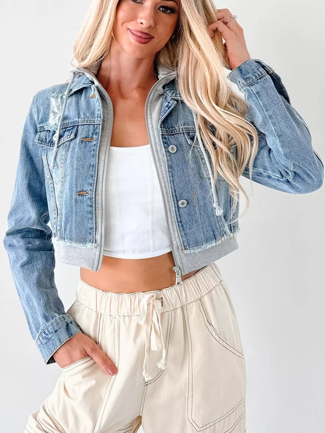 Distressed Zip Up Cropped Hooded Denim Jacket Trendsi