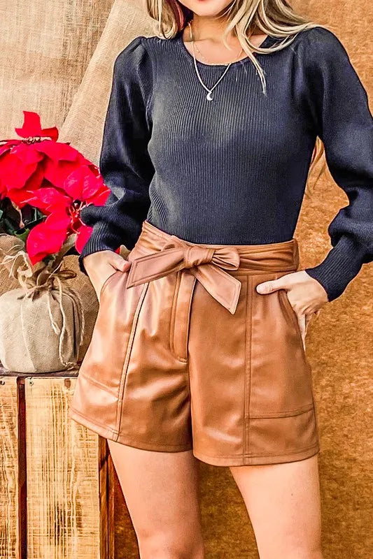 And The Why Faux Leather Shorts with Waist Ribbon